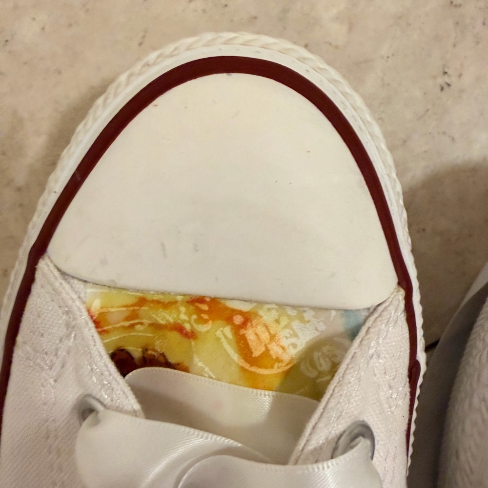 Hand Painted Converse Women's White Satin Lace Sneakers - Picture 5 of 11